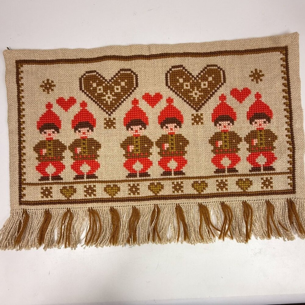 Swedish Cross Stitch Christmas Tapestry Wall Hanging Red Gingerbread Hearts Elf